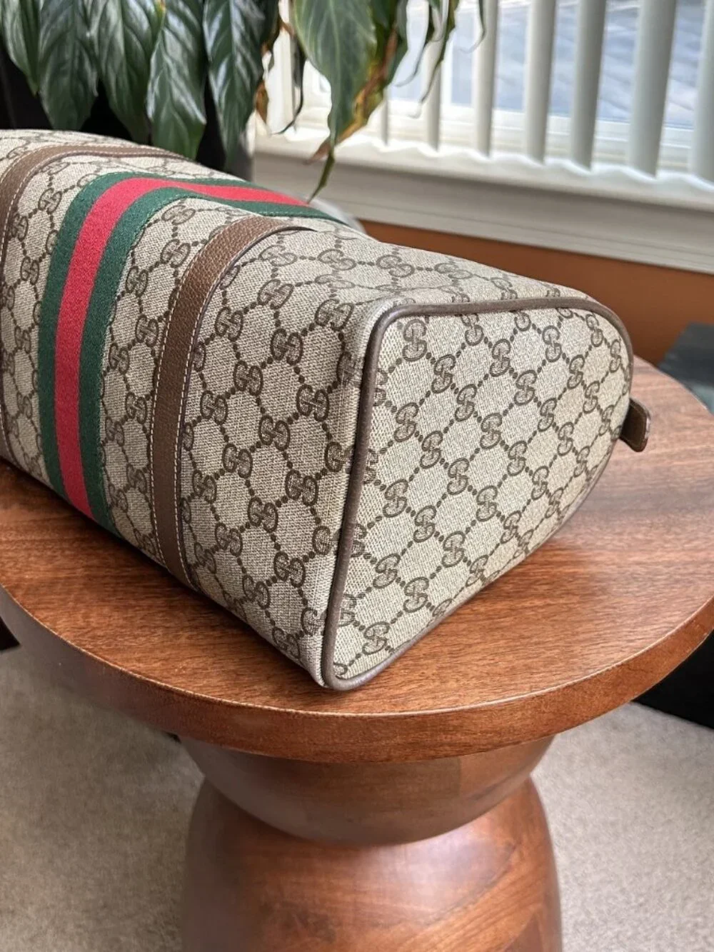 GUCCI GG Supreme Monogram Sherry Web Boston Bag, Tan